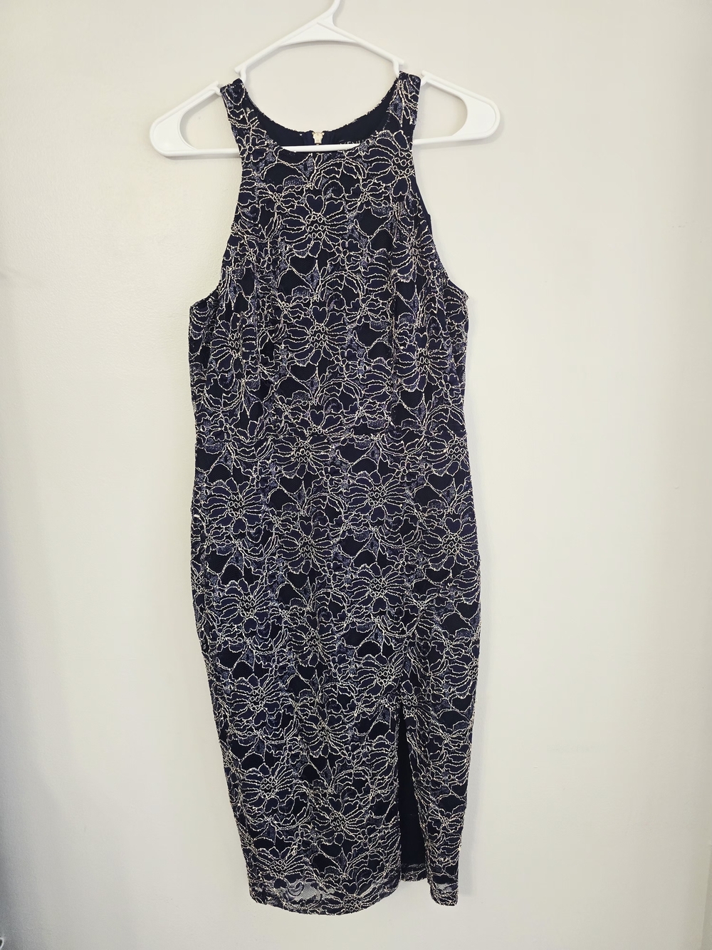 VENUS Navy Midi Dress with Cream Lace Overlay